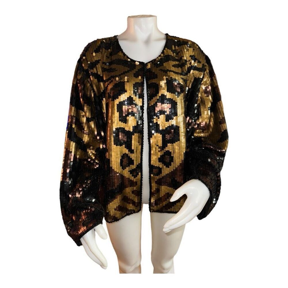 Indigo Moon Animal Printed Long Sleeve Collarless Sequined Jacket